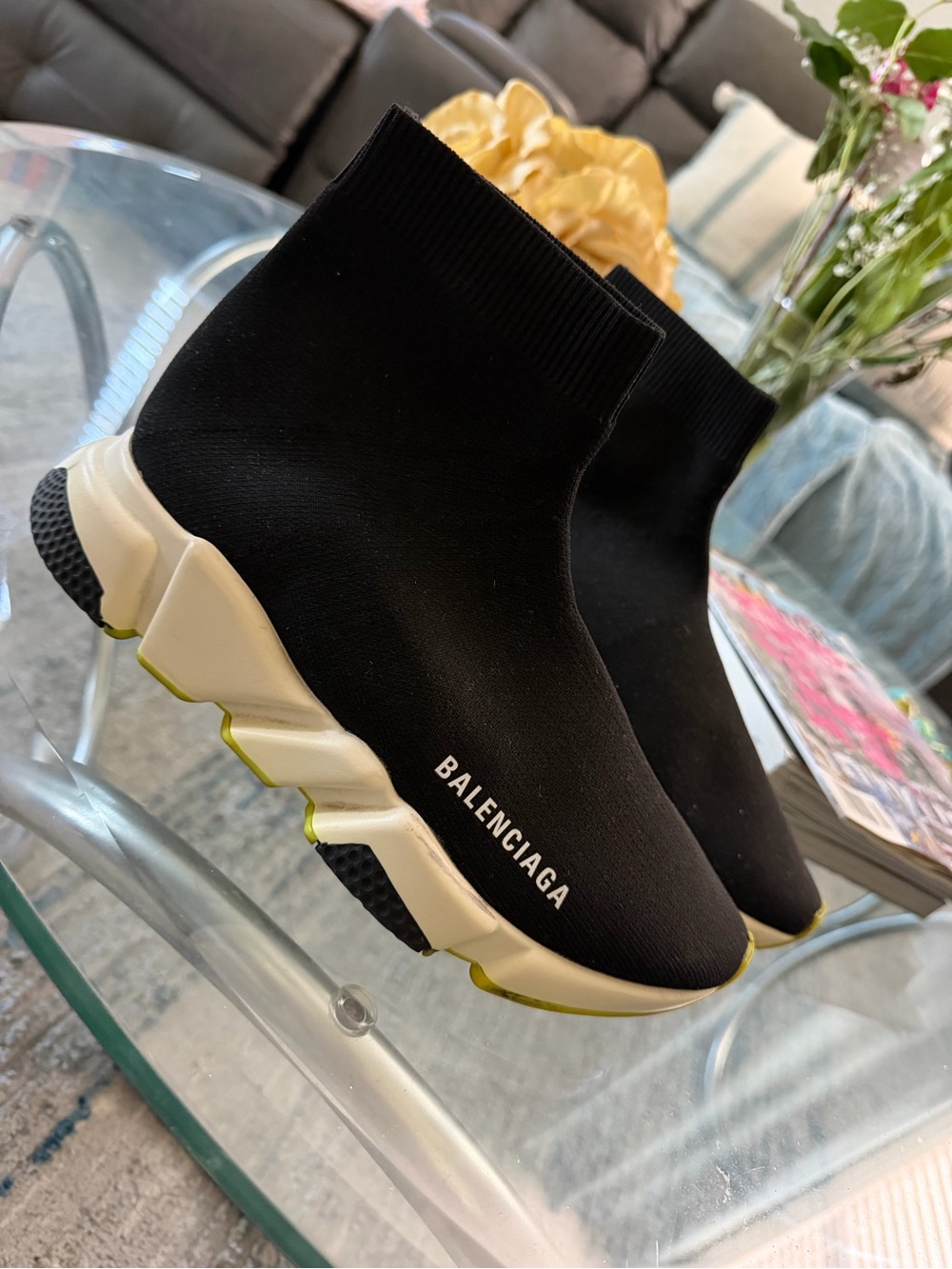 Balenciaga Black Sock-Style Women’s Sneakers with White & Yellow Accents